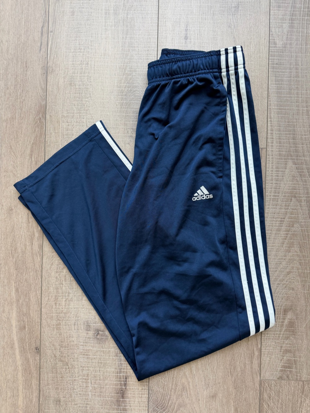 Adidas Men’s Navy Blue Athletic Track Pants with White Stripes Size Medium Tall